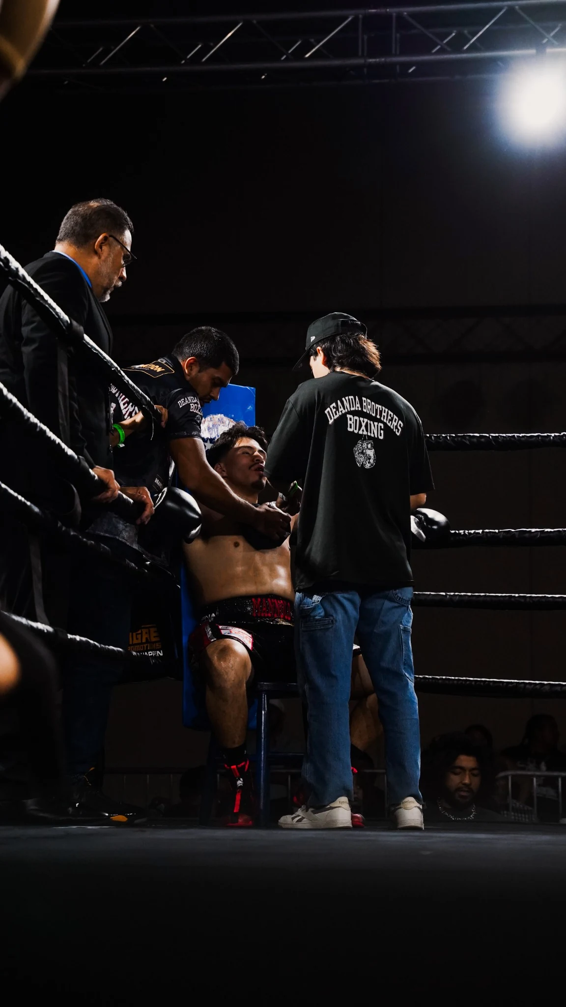 Boxing corner photographed during fight night